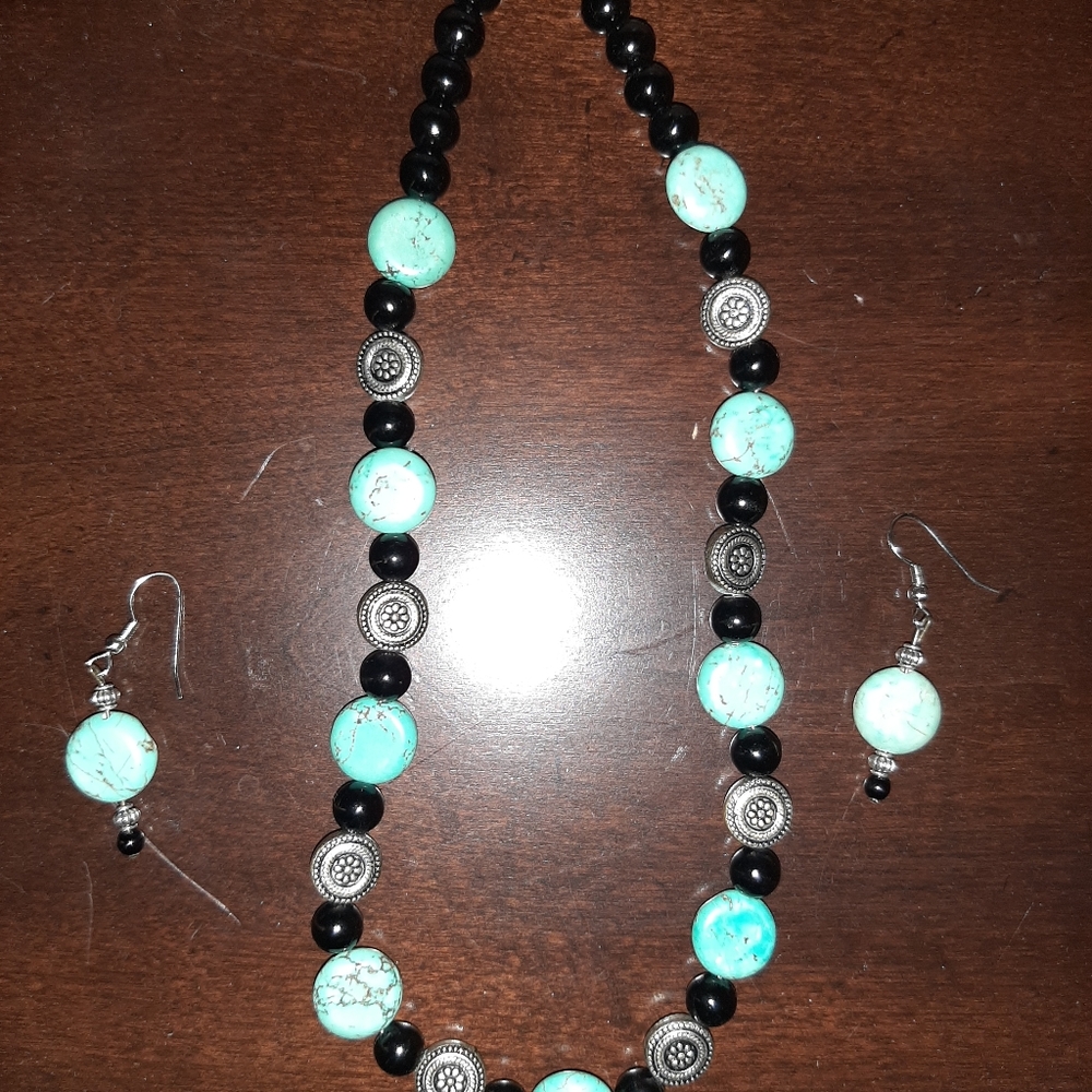 Black and blue beaded necklace and earring set